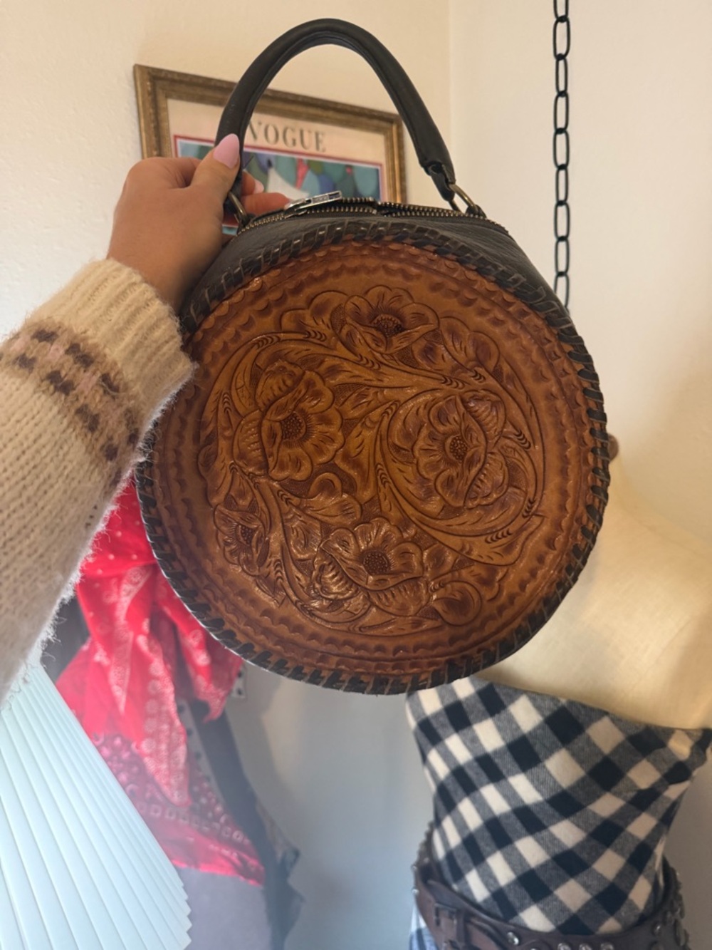 Juan Antonio Hand-Tooled Round Leather Top-Handle Bag in Brown